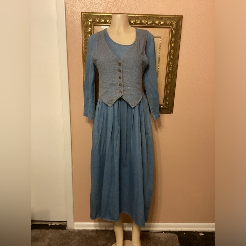 Vtg Carol Anderson Denim Dress Peasant Vest Size 4